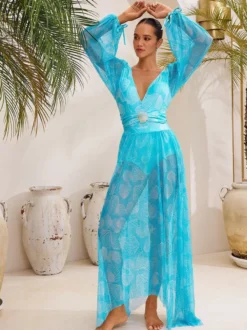 Maillots de bain bleus chics à lacets col en V manches longues bouffantes