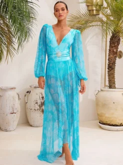 Maillots de bain bleus chics à lacets col en V manches longues bouffantes