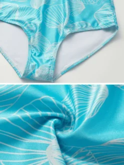 Maillots de bain bleus chics à lacets col en V manches longues bouffantes