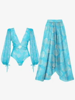 Maillots de bain bleus chics à lacets col en V manches longues bouffantes
