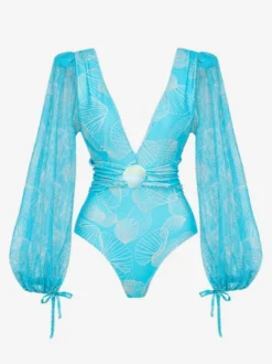 Maillots de bain bleus chics à lacets col en V manches longues bouffantes