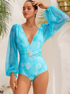Maillots de bain bleus chics à lacets col en V manches longues bouffantes