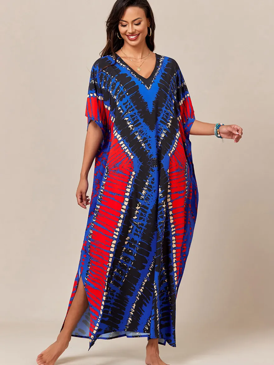 Maillots de bain de plage oversize à manches courtes et col en V style athlétique bleu foncé