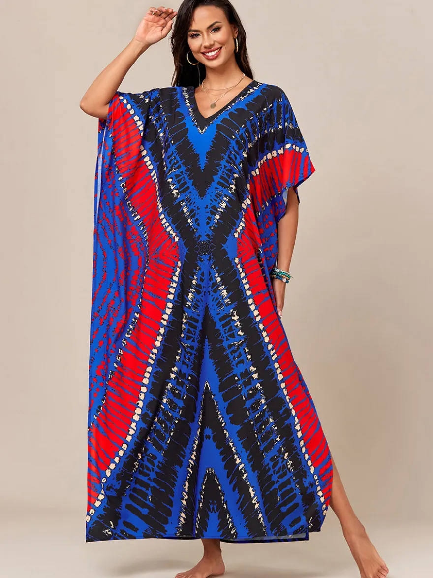 Maillots de bain de plage oversize à manches courtes et col en V style athlétique bleu foncé