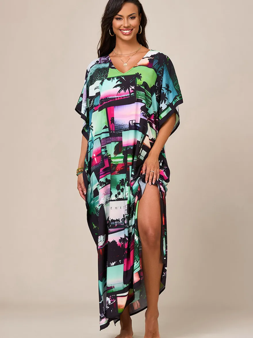 Maillots de bain de plage oversize à manches courtes et col en V style athlétique bleu foncé