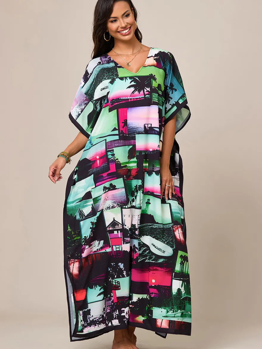 Maillots de bain de plage oversize à manches courtes et col en V style athlétique bleu foncé
