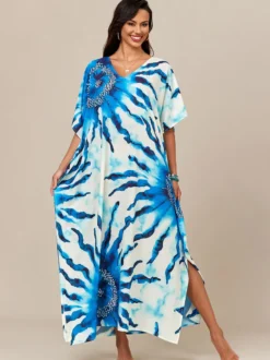 Maillots de bain de plage oversize à manches courtes et col en V style athlétique bleu foncé