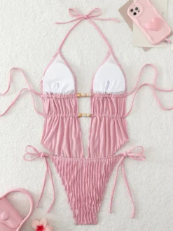 Maillots de bain deux pièces pour femmes roses à lacets maillots de bain sexy d'été