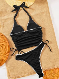 Maillots de bain deux pièces pour femmes noirs bicolores à découpes dos nu pour l'été plage