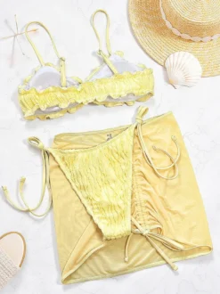Maillots de bain paréos vêtements pour femmes ensemble maillot de bain jaune sexy à lacets dos nu bretelles décolleté