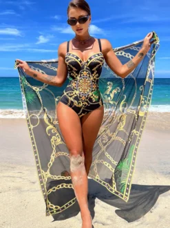 Maillots De Bain Une Pièce Femmes Imprimé Noir Col En V Été Sexy
