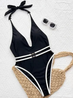 Maillots de bain une pièce pour femmes noirs bicolores à lacets et col en V pour l'été parfaits pour la plage.