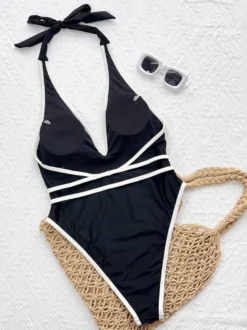 Maillots de bain une pièce pour femmes noirs bicolores à lacets et col en V pour l'été parfaits pour la plage.