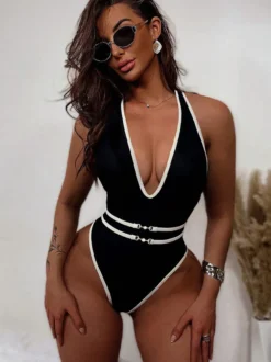 Maillots de bain une pièce pour femmes noirs bicolores à lacets et col en V pour l'été parfaits pour la plage.