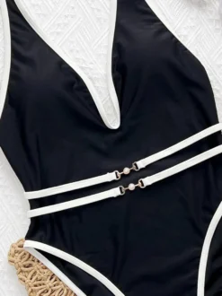 Maillots de bain une pièce pour femmes noirs bicolores à lacets et col en V pour l'été parfaits pour la plage.