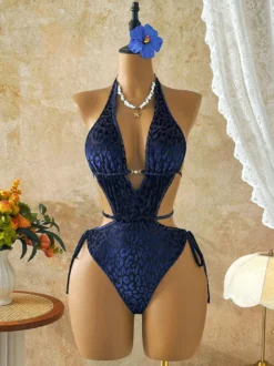 Maillots de bain une pièce pour femmes bleus col en V sexy été