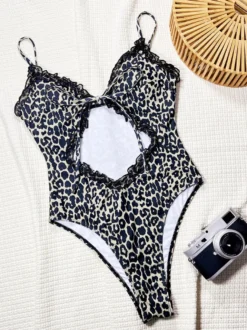Maillots de bain une pièce pour femmes imprimé léopard bretelles découpées décolleté maillots de bain sexy d'été