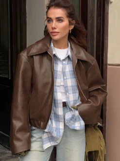 Manteau ample oversize en similicuir col rabattu ourlet élastique style motard décontracté