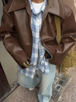Manteau ample oversize en similicuir col rabattu ourlet élastique style motard décontracté
