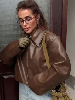 Manteau ample oversize en similicuir col rabattu ourlet élastique style motard décontracté
