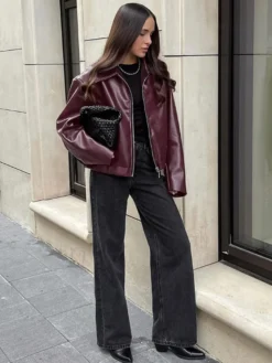 Manteau ample oversize en similicuir col rabattu ourlet élastique style motard décontracté