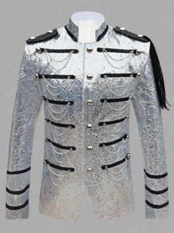 Manteau Argent Vintage Top Vintage Paillettes Chaînes Manches Longues Polyester Pardessus Rétro Costumes Pour Homme Bourgogne
