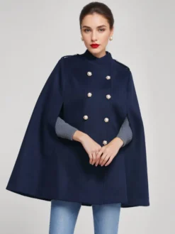 Manteau cape en laine pour femme col montant bleu marine foncé poncho d'hiver à double boutonnage vêtements d'extérieur 2026