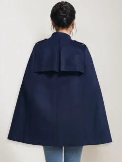Manteau cape en laine pour femme col montant bleu marine foncé poncho d'hiver à double boutonnage vêtements d'extérieur 2026