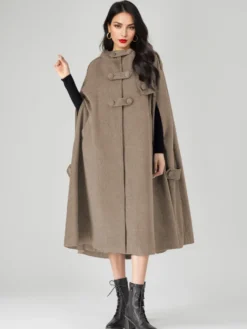 Manteau cape en mélange de laine pour femme à capuche gris surdimensionné long poncho vêtements d'extérieur 2026