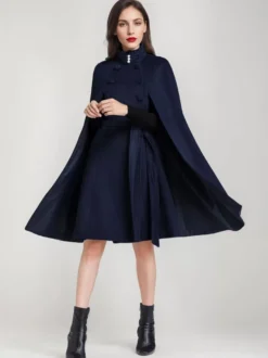 Manteau cape en mélange de laine pour femme col montant poncho surdimensionné avec ceinture bleu marine foncé vêtements d'extérieur 2026