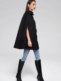 Manteau cape en mélange de laine à col rabattu poncho noir surdimensionné pour femme 2026