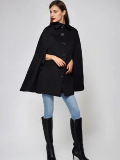 Manteau cape en mélange de laine à col rabattu poncho noir surdimensionné pour femme 2026