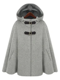 Manteau Cape Femme à Capuche avec Poches avec Boucles Unicolore Grande Taille Manteau Femme