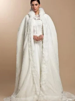 Manteau Cape Longs Femme en Fousse Fourrure Synthétique à Capuche à Lacets Poncho Hiver Unicolore