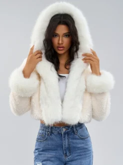 Manteau à capuche en fausse fourrure en blanc Veste courte d'hiver écologique pour femme 2026