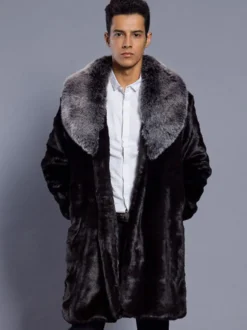 Manteau classique masculin noir bicolore en fausse fourrure en polyester