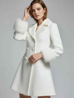 Manteau croisé blanc en laine mélangée à larges revers et poignets en fausse fourrure collection femme 2026