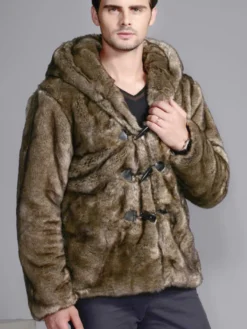 Manteau de Fausse Fourrure 2026 à Capuche Corne Basculer Marron Veste Manche Longue Manteau d'Hiver Homme