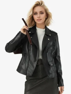 Manteau de motard en cuir rétro à rivets sur les épaules fermeture éclair asymétrique manches longues slim