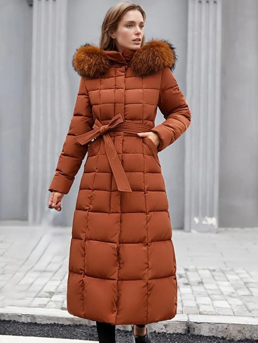 Manteau d'hiver à capuche avec col en fausse fourrure amovible et ceinture pour femme