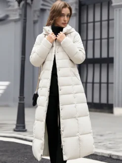 Manteau d'hiver à capuche avec col en fausse fourrure amovible et ceinture pour femme