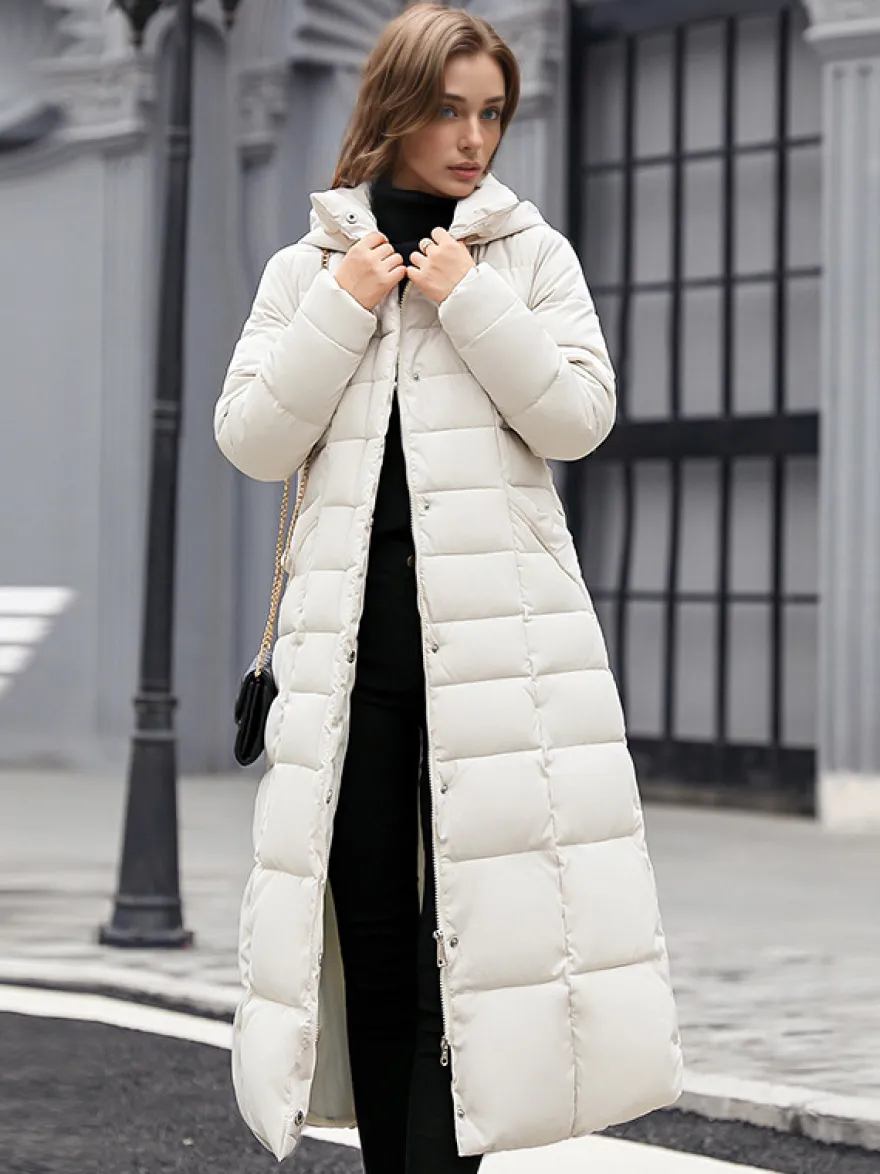 Manteau d'hiver à capuche avec col en fausse fourrure amovible et ceinture pour femme
