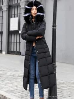 Manteau d'hiver à capuche avec col en fausse fourrure amovible et ceinture pour femme