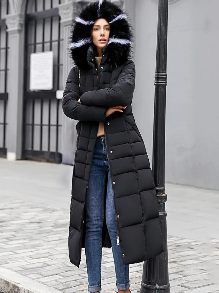 Manteau d'hiver à capuche avec col en fausse fourrure amovible et ceinture pour femme