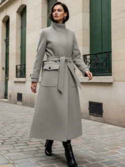 Manteau d'hiver long en laine à col montant et ceinture avec poches fonctionnelles pour femme 2026