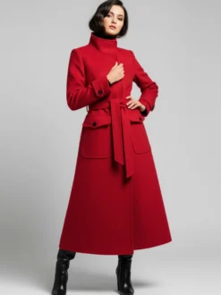 Manteau d'hiver long en laine à col montant et ceinture avec poches fonctionnelles pour femme 2026