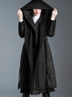 Manteau d'hiver noir à capuche avec ceinture pour femme