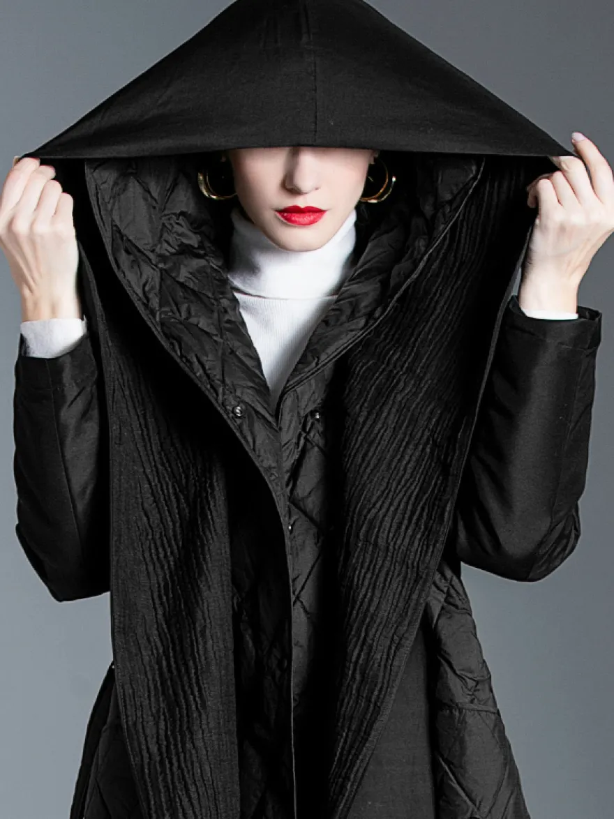 Manteau d'hiver noir à capuche avec ceinture pour femme