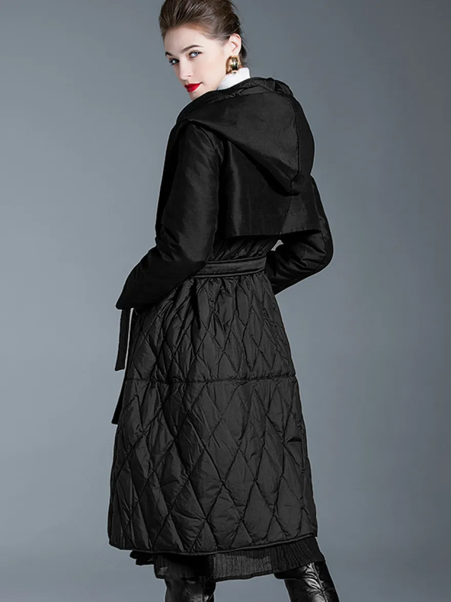Manteau d'hiver noir à capuche avec ceinture pour femme