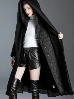 Manteau d'hiver noir à capuche avec ceinture pour femme